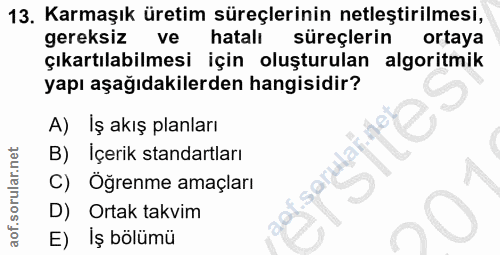 13. soru: Karmaşık üretim süreçlerinin netleştirilmesi, gereksiz ve hatalı süreçlerin ortaya çıkartılabilmesi için oluşturulan…