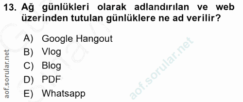 13. soru: Ağ günlükleri olarak adlandırılan ve web üzerinden tutulan günlüklere ne ad verilir? A) Google Hangout B) Vlog C) Blo…