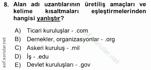8. soru: Alan adı uzantılarının üretiliş amaçları ve kelime kısaltmaları eşleştirmelerinden hangisi yanlıştır? A) Ticari kurul…