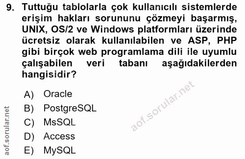 9. soru: Tuttuğu tablolarla çok kullanıcılı sistemlerde erişim hakları sorununu çözmeyi başarmış, UNIX, OS/2 ve Windows platfo…