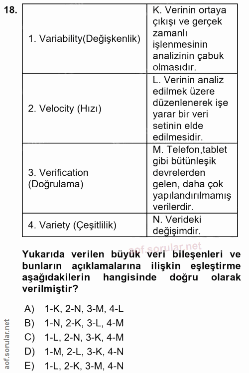 18. soru: K. Verinin ortaya çıkışı ve gerçek 1. Variability(Değişkenlik) işlenmesinin analizinin çabuk L. Verinin analiz edilme…