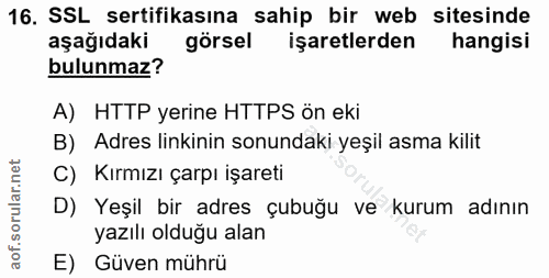 16. soru: SSL sertifikasına sahip bir web sitesinde aşağıdaki görsel işaretlerden hangisi bulunmaz? A) HTTP yerine HTTPS ön eki…