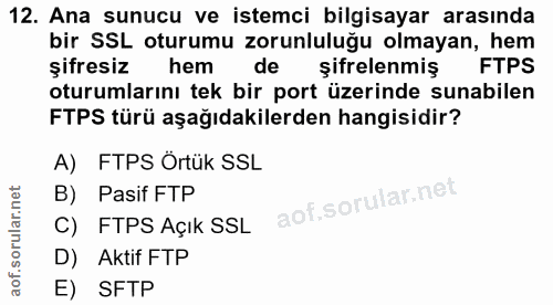 12. soru: Ana sunucu ve istemci bilgisayar arasında bir SSL oturumu zorunluluğu olmayan, hem şifresiz hem de şifrelenmiş FTPS o…