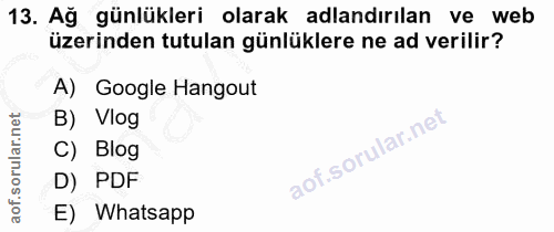 13. soru: Ağ günlükleri olarak adlandırılan ve web üzerinden tutulan günlüklere ne ad verilir? A) Google Hangout B) Vlog C) Blo…