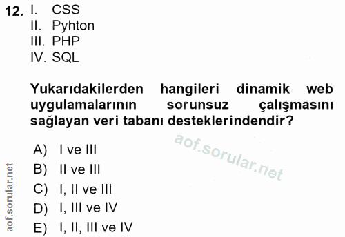 12. soru: l. CSS II. Pyhton III. PHP IV. SQL Yukarıdakilerden hangileri dinamik web uygulamalarının sorunsuz çalışmasını sağlay…