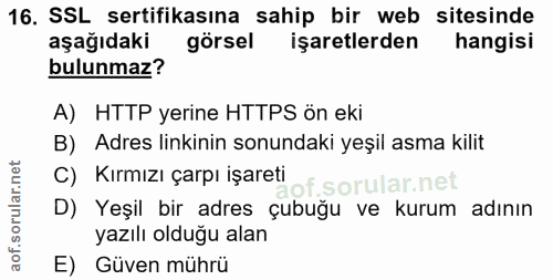 16. soru: SSL sertifikasına sahip bir web sitesinde aşağıdaki görsel işaretlerden hangisi bulunmaz? A) HTTP yerine HTTPS ön eki…