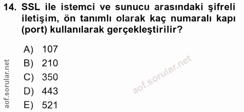 14. soru: SSL ile istemci ve sunucu arasındaki şifreli iletişim, ön tanımlı olarak kaç numaralı kapı (port) kullanılarak gerçek…