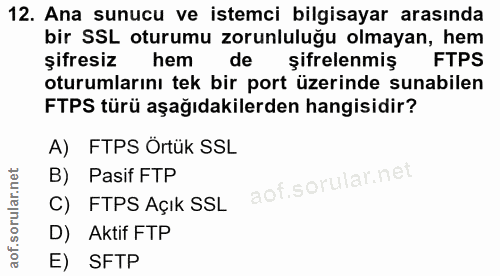 12. soru: Ana sunucu ve istemci bilgisayar arasında bir SSL oturumu zorunluluğu olmayan, hem şifresiz hem de şifrelenmiş FTPS o…