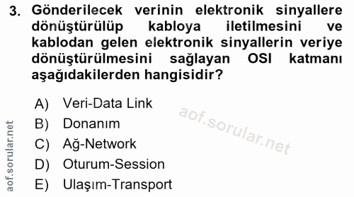 3. soru: Gönderilecek verinin elektronik sinyallere dönüştürülüp kabloya iletilmesini ve kablodan gelen elektronik sinyallerin…