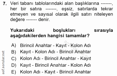 7. soru: Veri tabanı tablolarındaki alan başlıklarına —..., her bir satıra ---, eşsiz, satırlarda tekrar etmeyen ve sayısal ol…