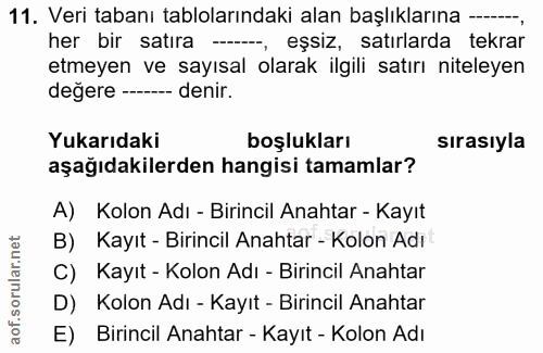 11. soru: Veri tabanı tablolarındaki alan başlıklarına —., her bir satıra ---, eşsiz, satırlarda tekrar etmeyen ve sayısal olar…