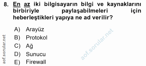 8. soru: En az iki bilgisayarın bilgi ve kaynaklarını birbiriyle paylaşabilmeleri için heberleştikleri yapıya ne ad verilir? A…