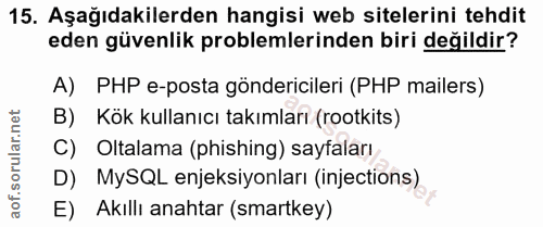 15. soru: Aşağıdakilerden hangisi web sitelerini tehdit eden güvenlik problemlerinden biri değildir? A) PHP e-posta göndericile…