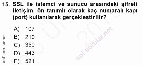 15. soru: SSL ile istemci ve sunucu arasındaki şifreli iletişim, ön tanımlı olarak kaç numaralı kapı (port) kullanılarak gerçek…