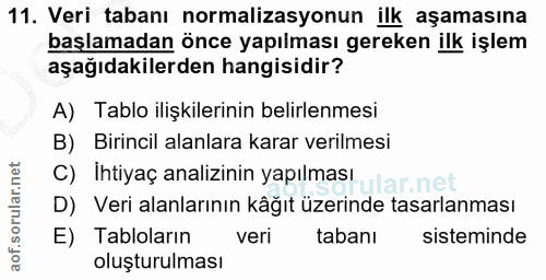 11. soru: Veri tabanı normalizasyonun ilk aşamasına başlamadan önce yapılması gereken ilk işlem aşağıdakilerden hangisidir? A)…