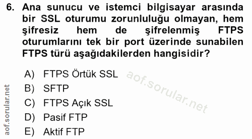 6. soru: Ana sunucu ve istemci bilgisayar arasında bir SSL oturumu zorunluluğu olmayan, hem şifresiz hem de şifrelenmiş FTPS o…