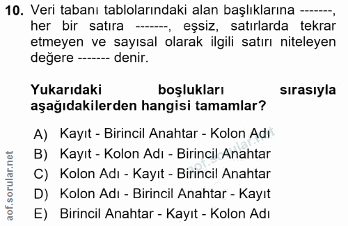 10. soru: Veri tabanı tablolarındaki alan başlıklarına —.., her bir satıra -, eşsiz, satırlarda tekrar etmeyen ve sayısal olara…