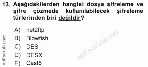 13. soru: Aşağıdakilerden hangisi dosya şifreleme ve şifre çözmede kullanılabilecek şifreleme türlerinden biri değildir? A) net…
