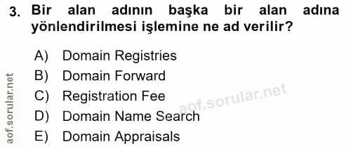3. soru: Bir alan adının başka bir alan adına yönlendirilmesi işlemine ne ad verilir? A) Domain Registries B) Domain Forward C…