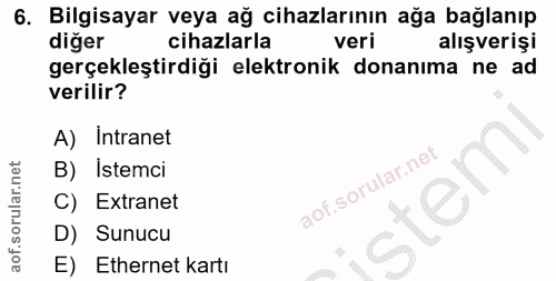 6. soru: Bilgisayar veya ağ cihazlarının ağa bağlanıp diğer cihazlarla veri alışverişi gerçekleştirdiği elektronik donanıma ne…