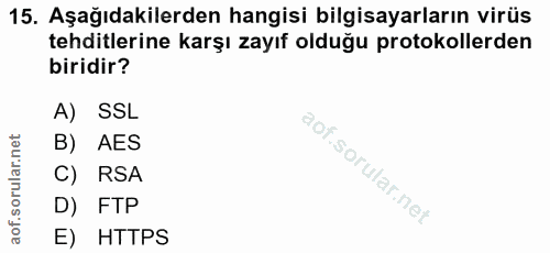 15. soru: Aşağıdakilerden hangisi bilgisayarların virüs tehditlerine karşı zayıf olduğu protokollerden biridir? A) SSL B) AES C…