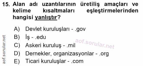15. soru: Alan adı uzantılarının üretiliş amaçları ve kelime kısaltmaları eşleştirmelerinden hangisi yanlıştır? A) Devlet kurul…