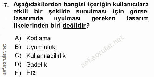 7. soru: Aşağıdakilerden hangisi içeriğin kullanıcılara etkili bir şekilde sunulması için görsel tasarımda uyulması gereken ta…