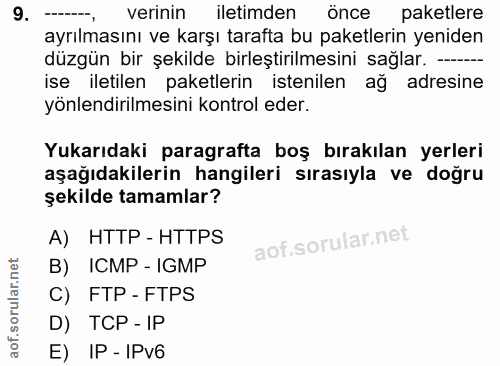 9. soru: ---, verinin iletimden önce paketlere ayrılmasını ve karşı tarafta bu paketlerin yeniden düzgün bir şekilde birleştir…