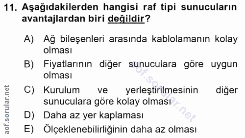 11. soru: Aşağıdakilerden hangisi raf tipi sunucuların avantajlardan biri değildir? A) Ağ bileşenleri arasında kablolamanın kol…