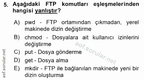 5. soru: Aşağıdaki FTP komutları eşleşmelerinden hangisi yanlıştır? A) pwd - FTP ortamından çıkmadan, yerel makinede dizin değ…