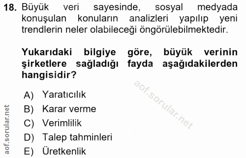 18. soru: Büyük veri sayesinde, sosyal medyada konuşulan konuların analizleri yapılıp yeni trendlerin neler olabileceği öngörül…
