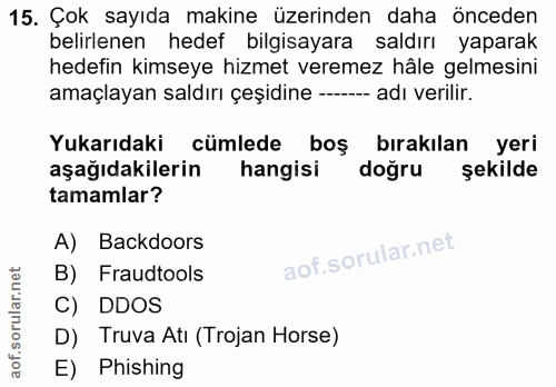 15. soru: Çok sayıda makine üzerinden daha önceden belirlenen hedef bilgisayara saldırı yaparak hedefin kimseye hizmet veremez…