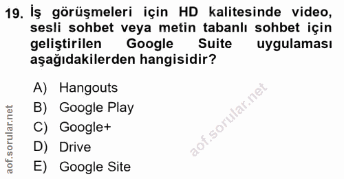 19. soru: İş görüşmeleri için HD kalitesinde video, sesli sohbet veya metin tabanlı sohbet için geliştirilen Google Suite uygul…