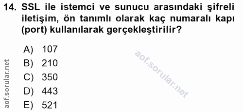 14. soru: SSL ile istemci ve sunucu arasındaki şifreli iletişim, ön tanımlı olarak kaç numaralı kapı (port) kullanılarak gerçek…
