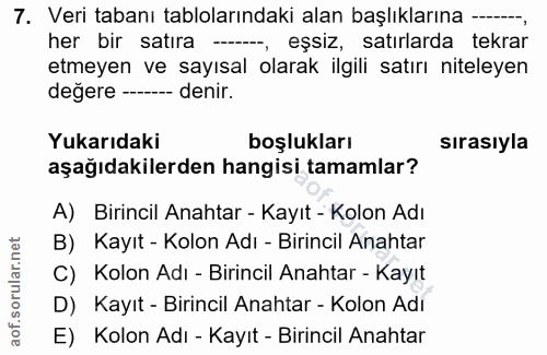 7. soru: Veri tabanı tablolarındaki alan başlıklarına —.., her bir satıra ---, eşsiz, satırlarda tekrar etmeyen ve sayısal ola…