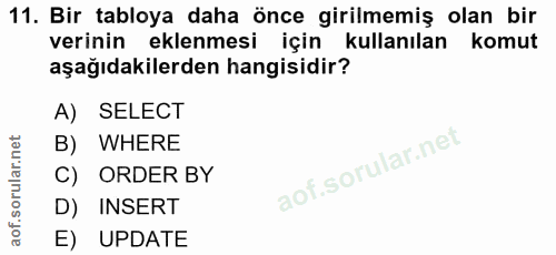 11. soru: Bir tabloya daha önce girilmemiş olan bir verinin eklenmesi için kullanılan komut aşağıdakilerden hangisidir? A) SELE…