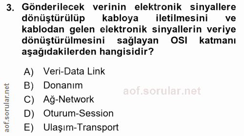 3. soru: Gönderilecek verinin elektronik sinyallere dönüştürülüp kabloya iletilmesini ve kablodan gelen elektronik sinyallerin…