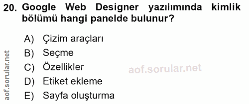 20. soru: Google Web Designer yazılımında kimlik bölümü hangi panelde bulunur? A) Çizim araçları B) Seçme lar. C) Özellikler D)…