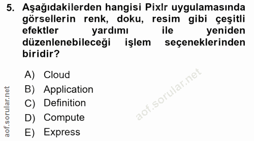 5. soru: Aşağıdakilerden hangisi Pixlr uygulamasında görsellerin renk, doku, resim gibi çeşitli efektler yardımı ile yeniden d…
