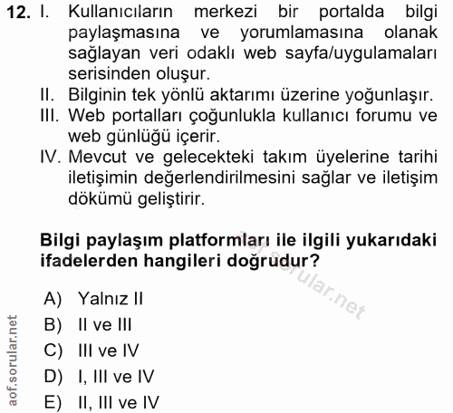 12. soru: I. Kullanıcıların merkezi bir portalda bilgi paylaşmasına ve yorumlamasına olanak sağlayan veri odaklı web sayfa/uygu…
