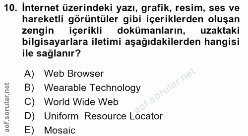 10. soru: Internet üzerindeki yazı, grafik, resim, ses ve hareketli görüntüler gibi içeriklerden oluşan zengin içerikli doküman…