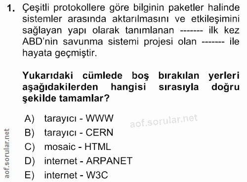 1. soru: Çeşitli protokollere göre bilginin paketler halinde sistemler arasında aktarılmasını ve etkileşimini sağlayan yapı ol…