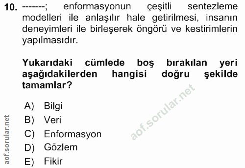 10. soru: -; enformasyonun çeşitlı sentezleme modelleri ile anlaşılır hale getirilmesi, insanın deneyimleri ile birleşerek öngö…