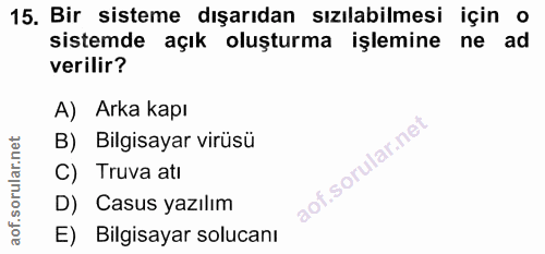 15. soru: Bir sisteme dışarıdan sızılabilmesi için o sistemde açık oluşturma işlemine ne ad verilir? A) Arka kapı B) Bilgisayar…
