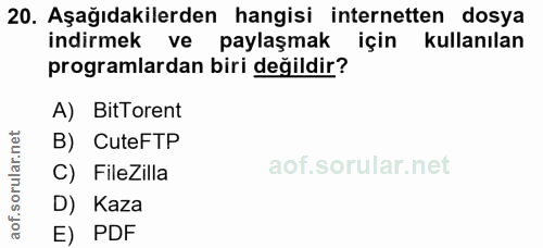 20. soru: Aşağıdakilerden hangisi internetten dosya indirmek ve paylaşmak için kullanılan programlardan biri değildir? A) BitTo…