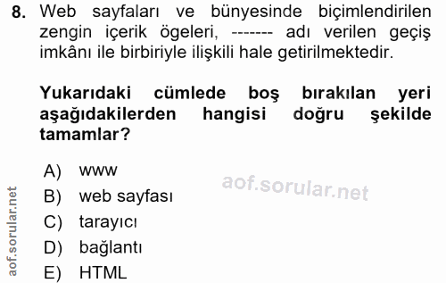 8. soru: Web sayfaları ve bünyesinde biçimlendirilen zengin içerik ögeleri, --- adı verilen geçiş imkânı ile birbiriyle ilişki…