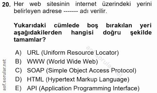 20. soru: Her web sitesinin internet üzerindeki yerini belirleyen adrese ----- adı verilir. Yukarıdaki cümlede boş bırakılan ye…