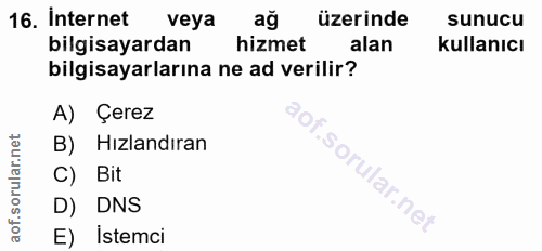 16. soru: Internet veya üzerinde sunucu bilgisayardan hizmet alan kullanıcı bilgisayarlarına ne ad verilir? A) Çerez B) Hızland…