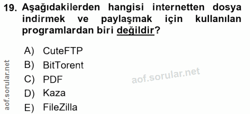 19. soru: Aşağıdakilerden hangisi internetten dosya indirmek ve paylaşmak için kullanılan programlardan biri değildir? A) CuteF…