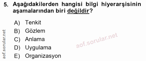 5. soru: Aşağıdakilerden hangisi bilgi hiyerarşisinin aşamalarından biri değildir? A) Tenkit B) Gözlem C) Anlama D) Uygulama E…